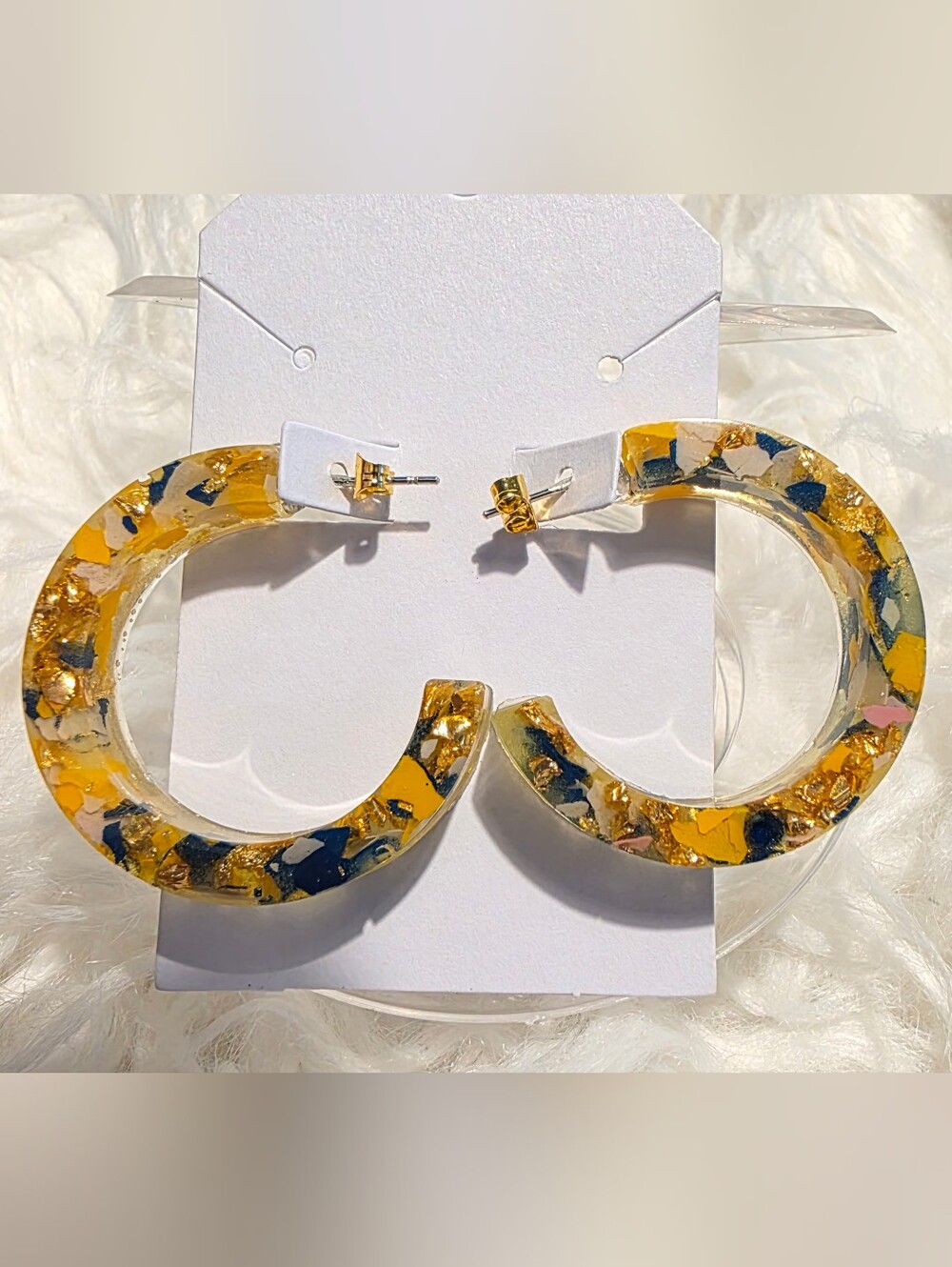 Gold and Blue Resin Hoop Earrings - Women's Fashion Jewelry
